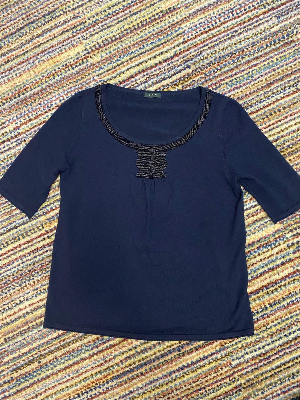 J Crew Vintage Midnight Blue Merino Wool Sweater with beaded trim